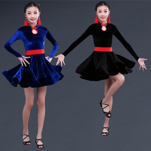 Kids ballroom dresses latin salsa rumba chacha competition stage performance velvet long sleeves dresses